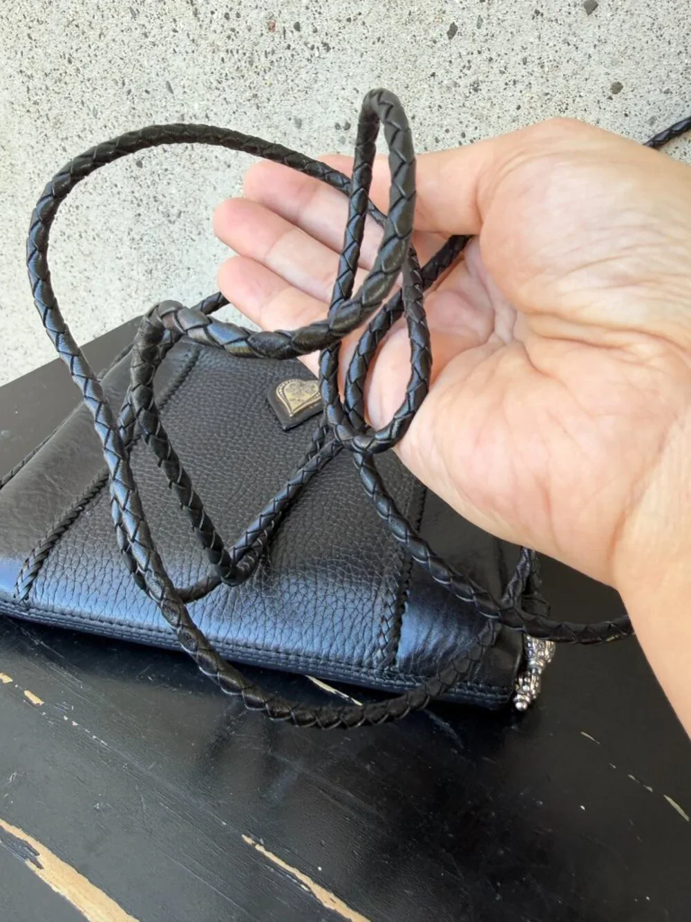 BRIGHTON Women's Black Leather Organizer Crossbody Handbag Braided Straps Hearts